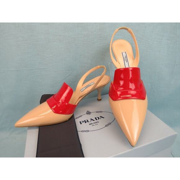 NIB PRADA 1I270L BEIGE RED PATENT LEATHER POINTED TOE SANDALS MULES PUMPS 39 IT - Picture 2 of 12